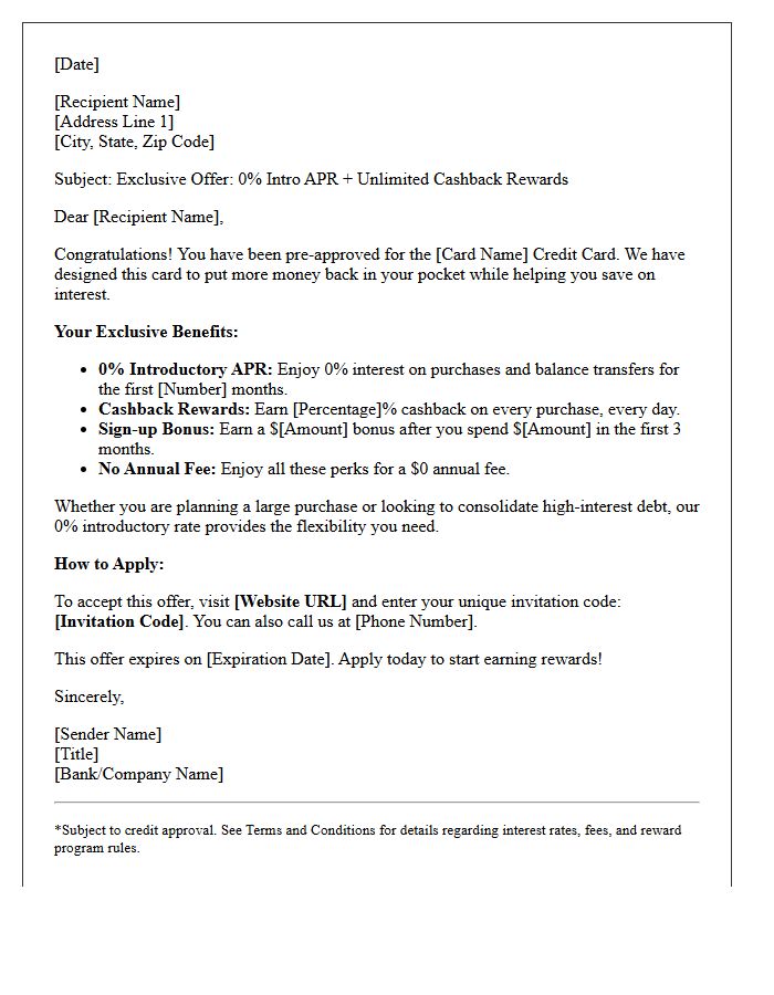 Cashback Rewards Zero Percent Introductory Rate Credit Card Offer Letter