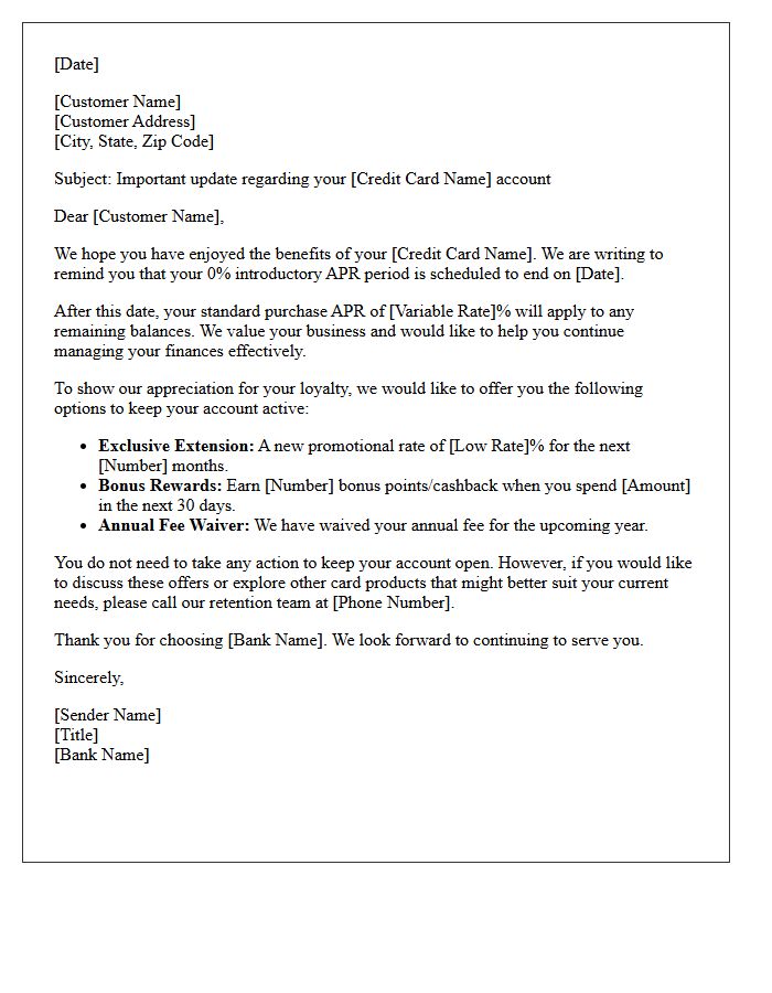 Customer Retention Letter Post Zero Percent Introductory Rate Credit Card Offer