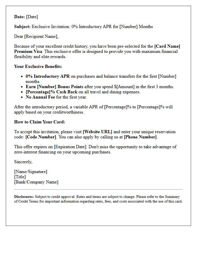 Exclusive Premium Zero Percent Introductory Rate Credit Card Offer Letter