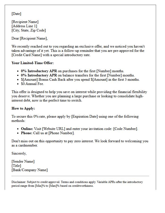Follow-Up Zero Percent Introductory Rate Credit Card Offer Letter