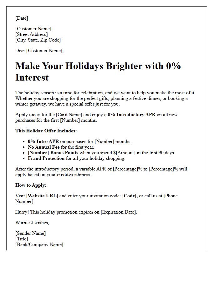 Holiday Promotion Zero Percent Introductory Rate Credit Card Offer Letter