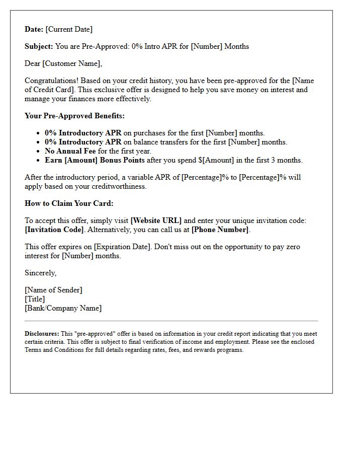 Pre-Approved Zero Percent Introductory Rate Credit Card Offer Letter