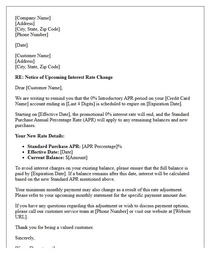 Rate Adjustment Notice Letter For Zero Percent Introductory Rate Credit Card Offer
