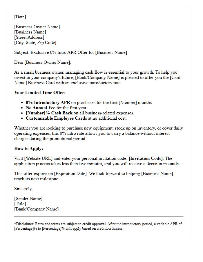 Small Business Zero Percent Introductory Rate Credit Card Offer Letter