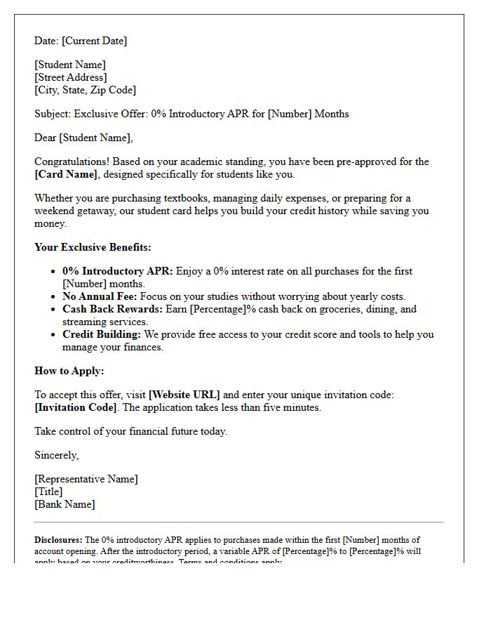 Student Zero Percent Introductory Rate Credit Card Offer Letter