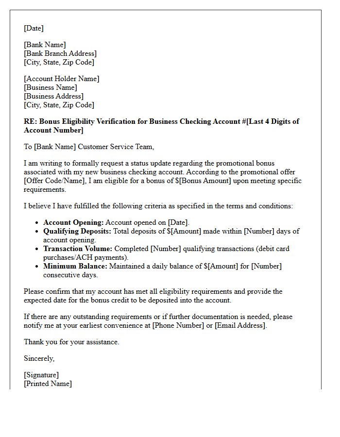Business Checking Account Bonus Eligibility Requirement Letter