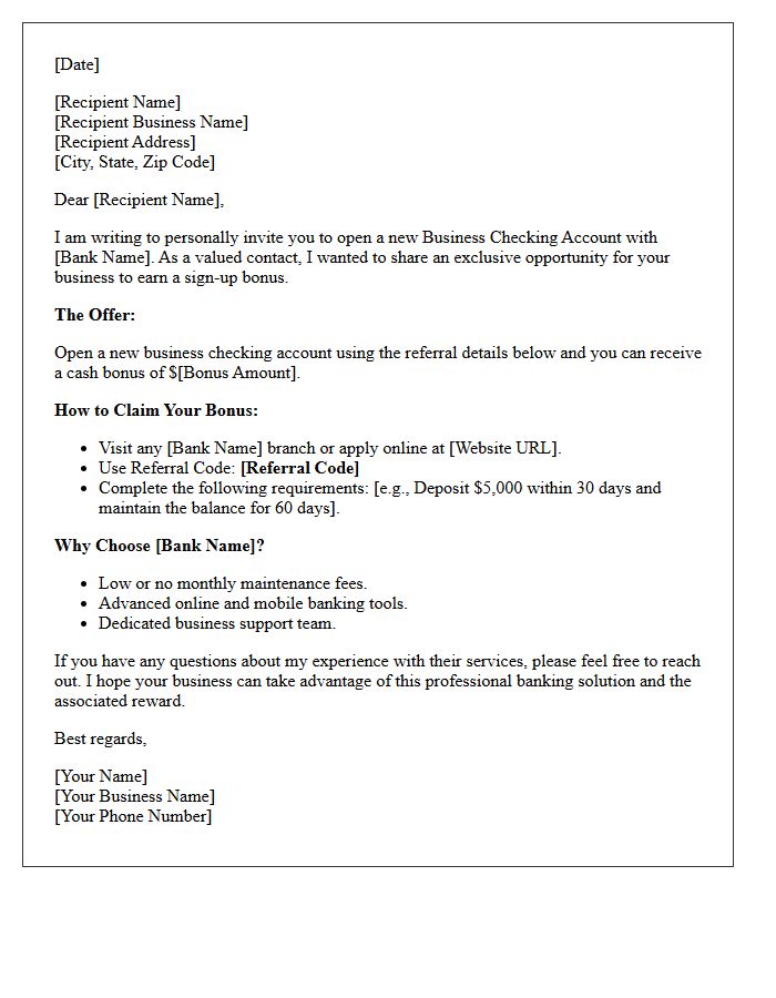 Business Checking Account Referral And Sign-Up Bonus Letter