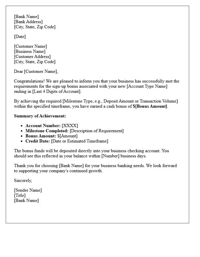 Business Checking Account Sign-Up Bonus Milestone Achievement Letter