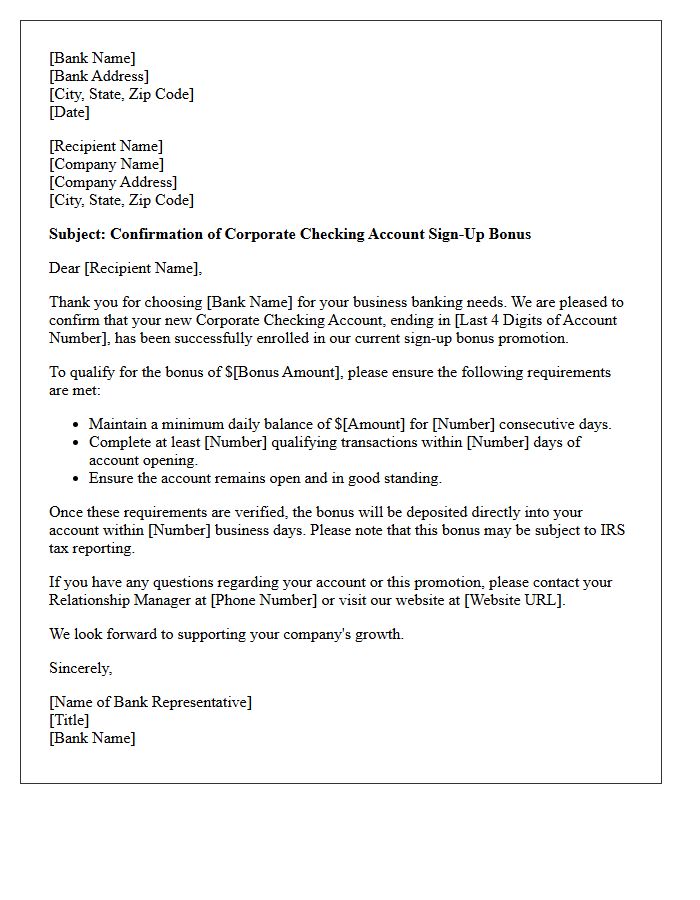 Corporate Checking Account Sign-Up Bonus Confirmation Letter