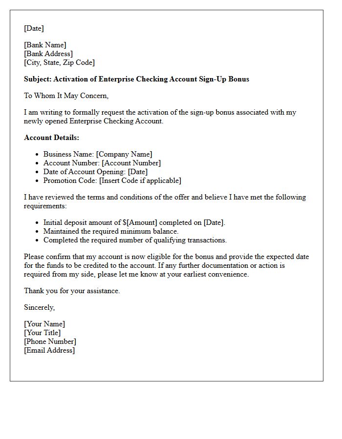 Enterprise Checking Account Sign-Up Bonus Activation Letter