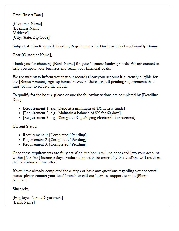 Pending Requirements For Business Checking Sign-Up Bonus Letter