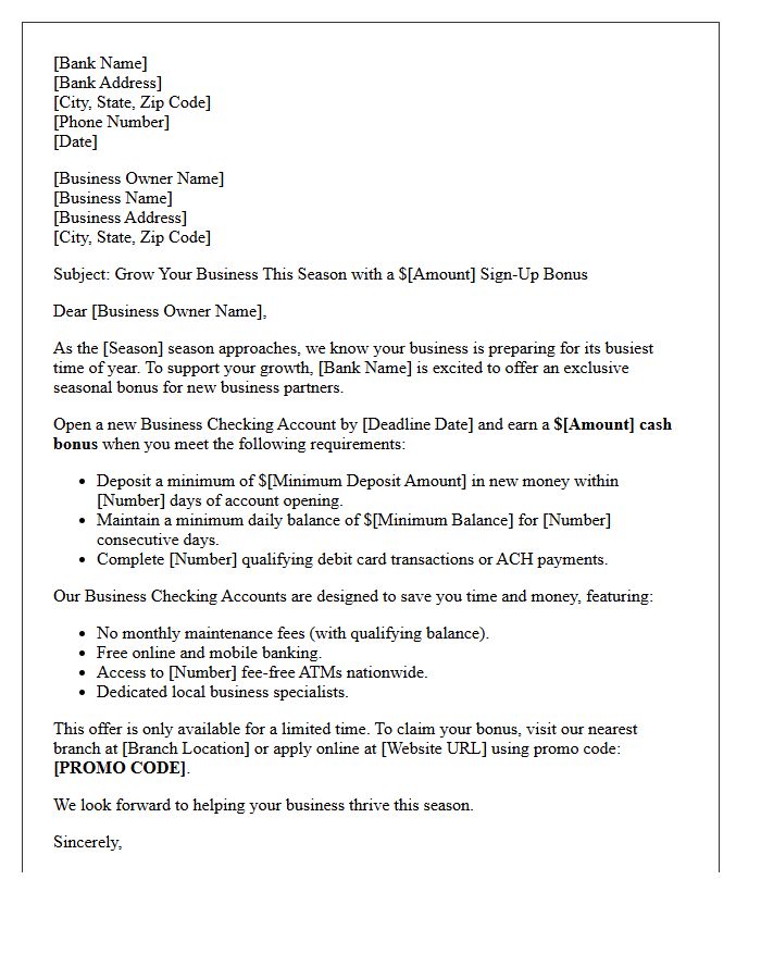 Seasonal Business Checking Account Sign-Up Bonus Promotion Letter