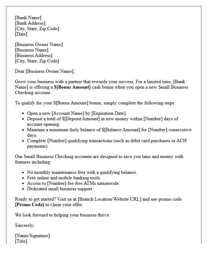Small Business Checking Account Promotional Bonus Letter