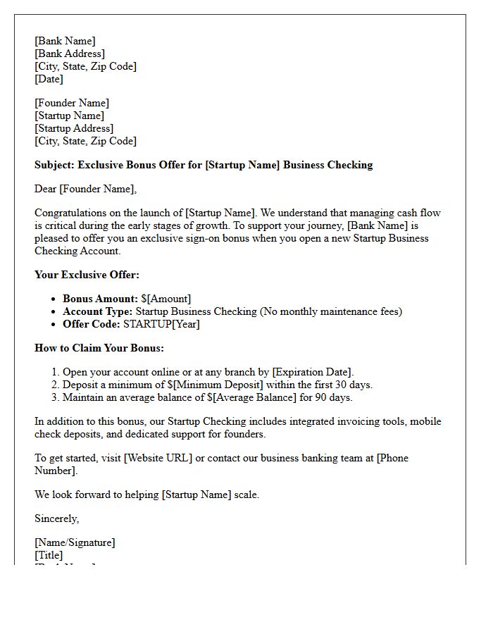 Startup Business Checking Account Exclusive Bonus Offer Letter