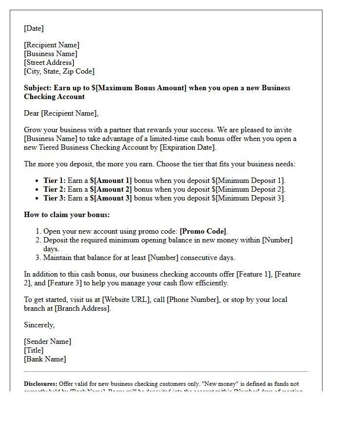Tiered Business Checking Account Sign-Up Bonus Invitation Letter