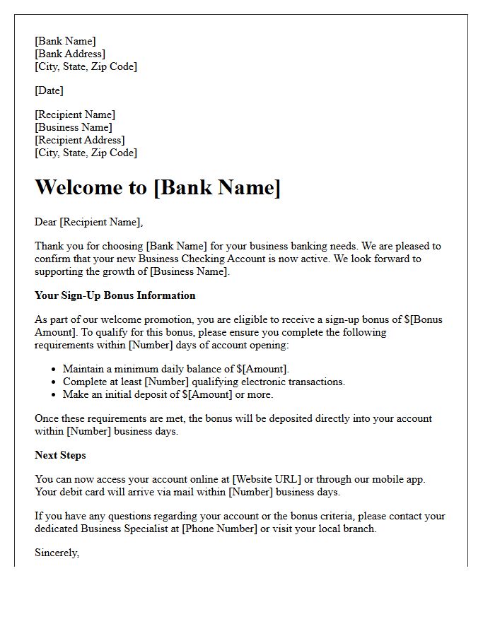 Welcome Business Checking Account Sign-Up Bonus Letter
