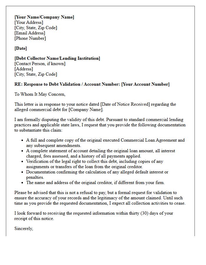 Commercial Loan Debt Validation Response Notice Letter