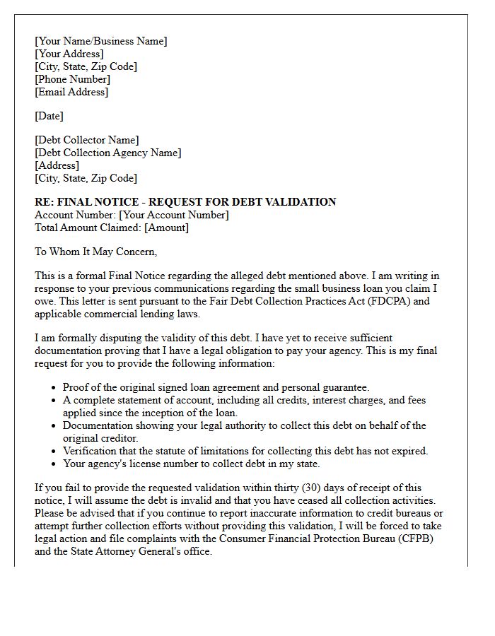 Final Notice Small Business Loan Debt Validation Letter