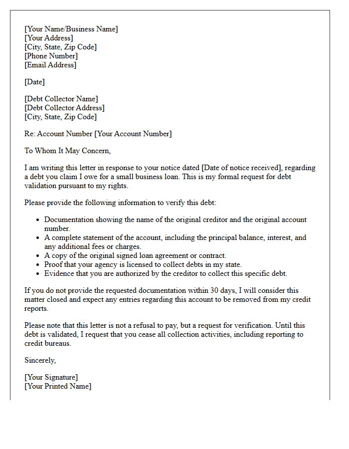 First Notice Debt Validation Letter for Small Business Loans
