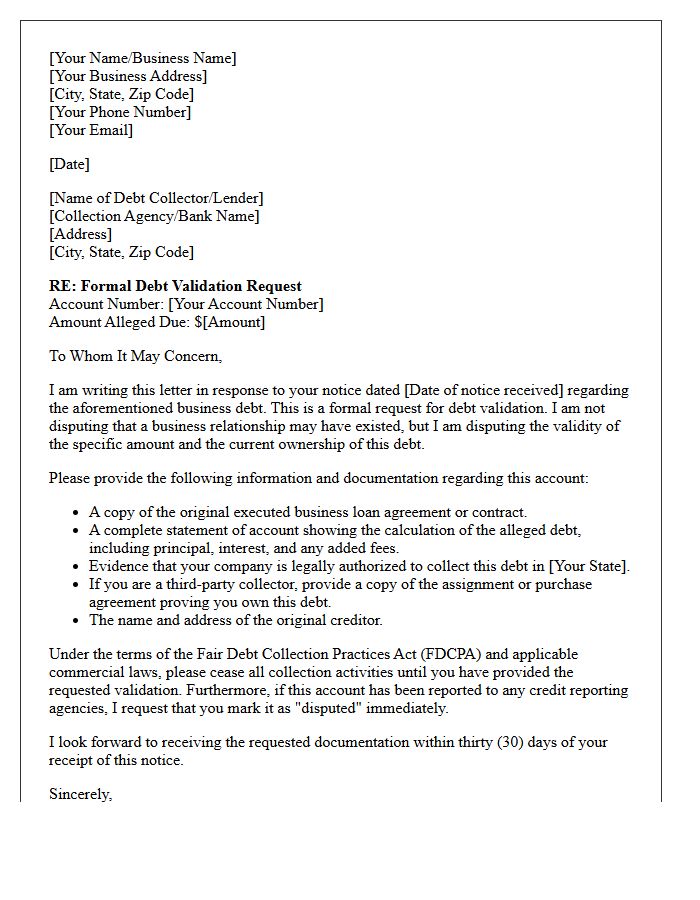 Formal Debt Validation Notice Letter for Business Loans