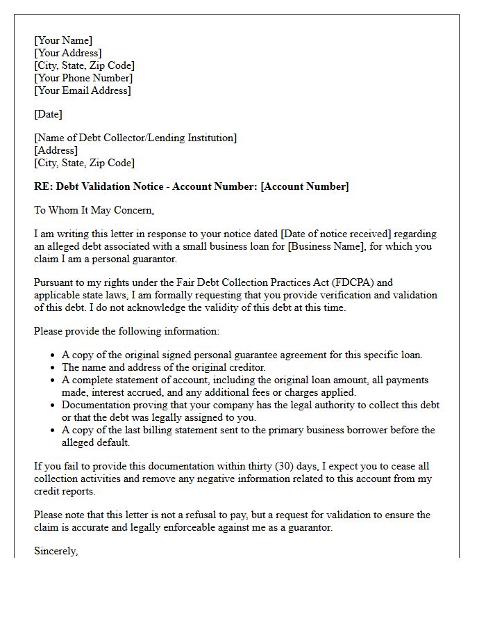 Guarantor Debt Validation Notice Letter for Small Business Loan