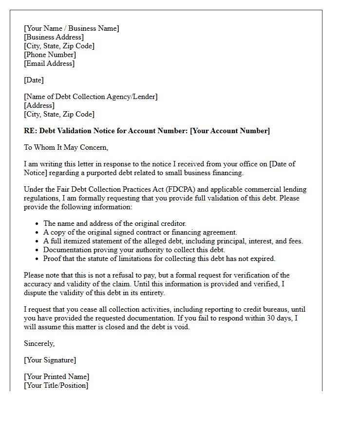 Letter of Debt Validation for Small Business Financing Notice