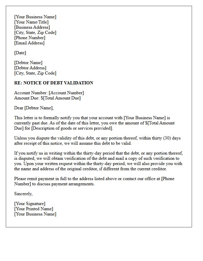 Small Business Creditor Debt Validation Notice Letter