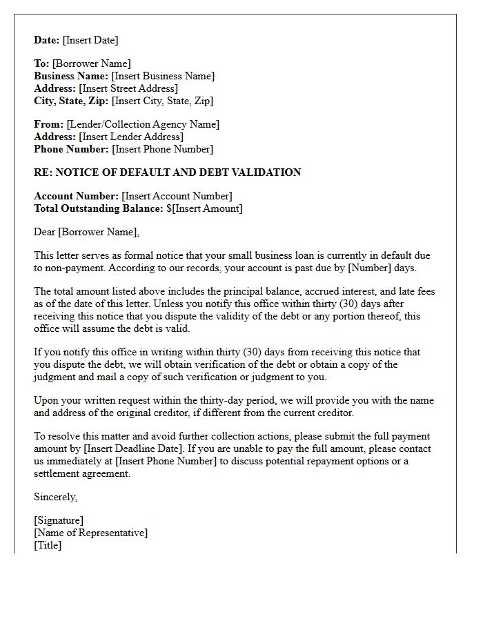 Small Business Loan Default Validation Notice Letter