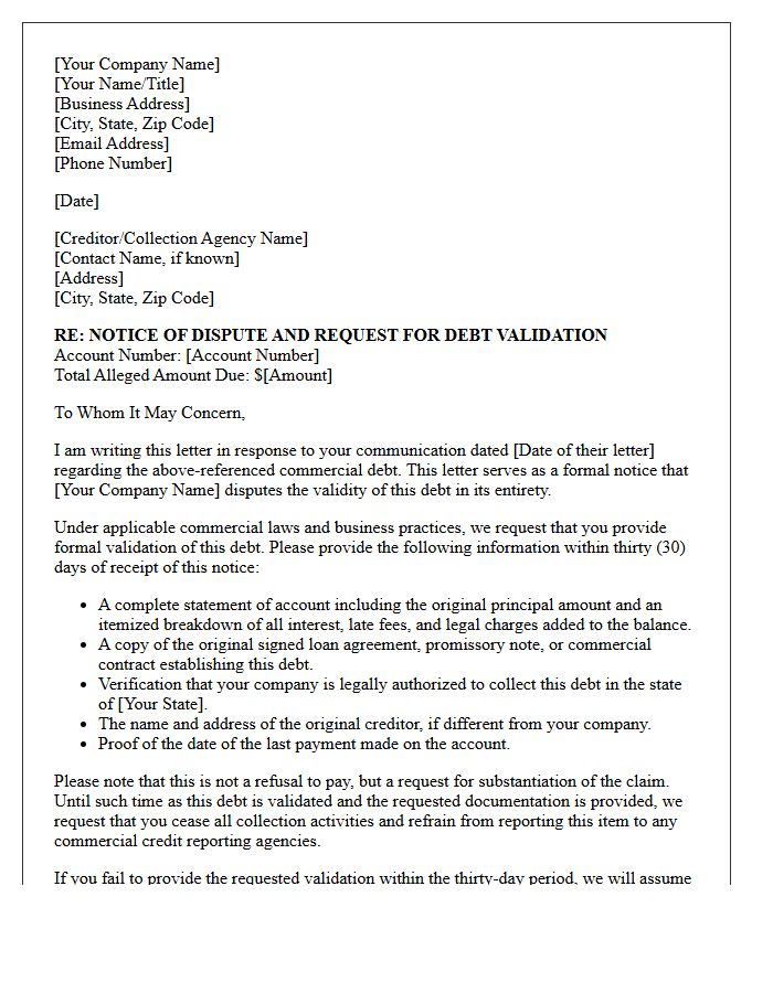 Thirty-Day Debt Validation Notice Letter for Commercial Loans