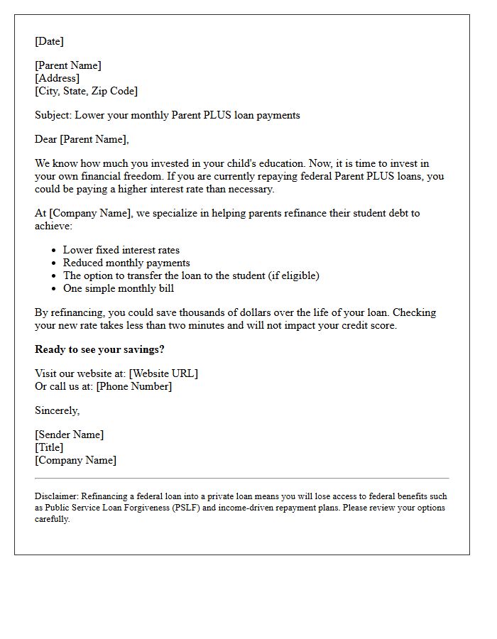 Parent Plus Student Loan Refinancing Promotional Letter
