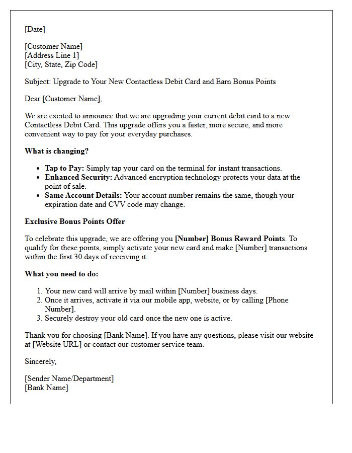 Bonus Reward Points Contactless Debit Card Upgrade Letter