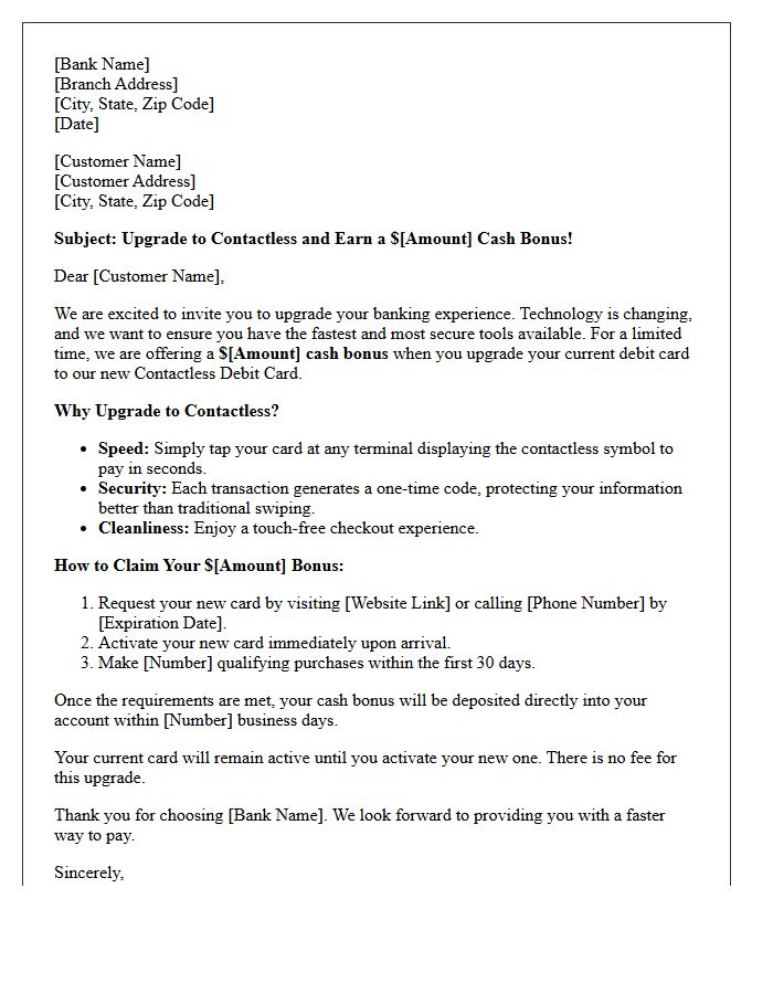 Cash Bonus Contactless Debit Card Upgrade Promotional Letter