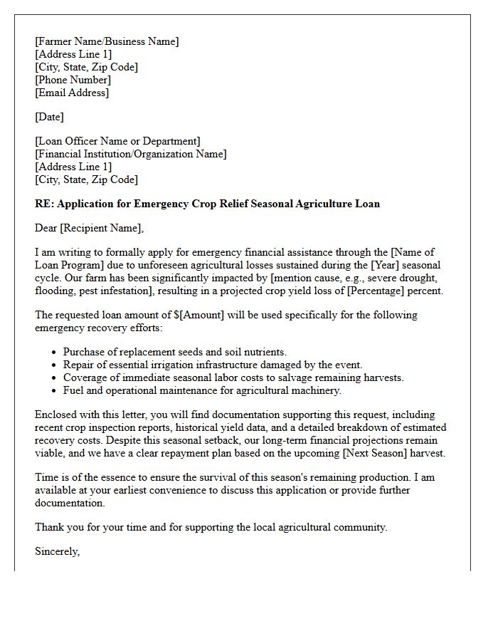 Emergency Crop Relief Seasonal Agriculture Loan Assistance Letter
