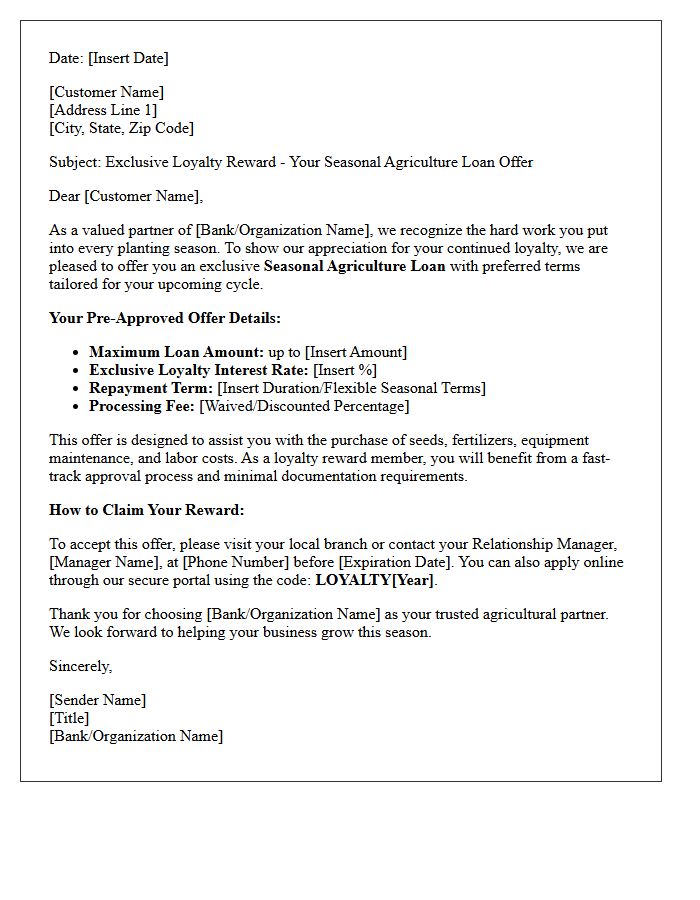 Exclusive Loyalty Reward Seasonal Agriculture Loan Offer Letter