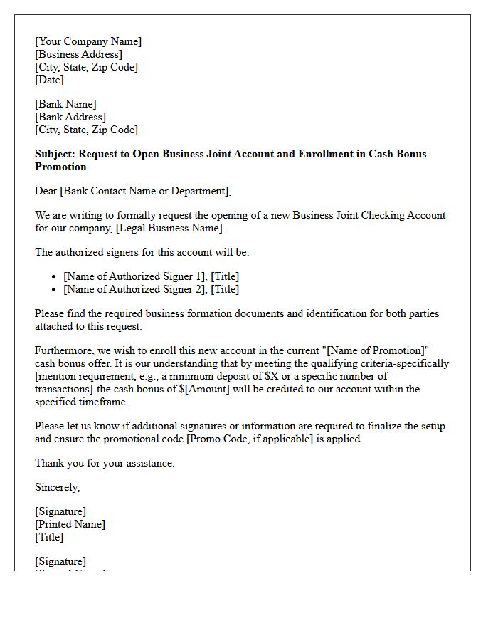 Business Joint Account Setup and Cash Bonus Letter