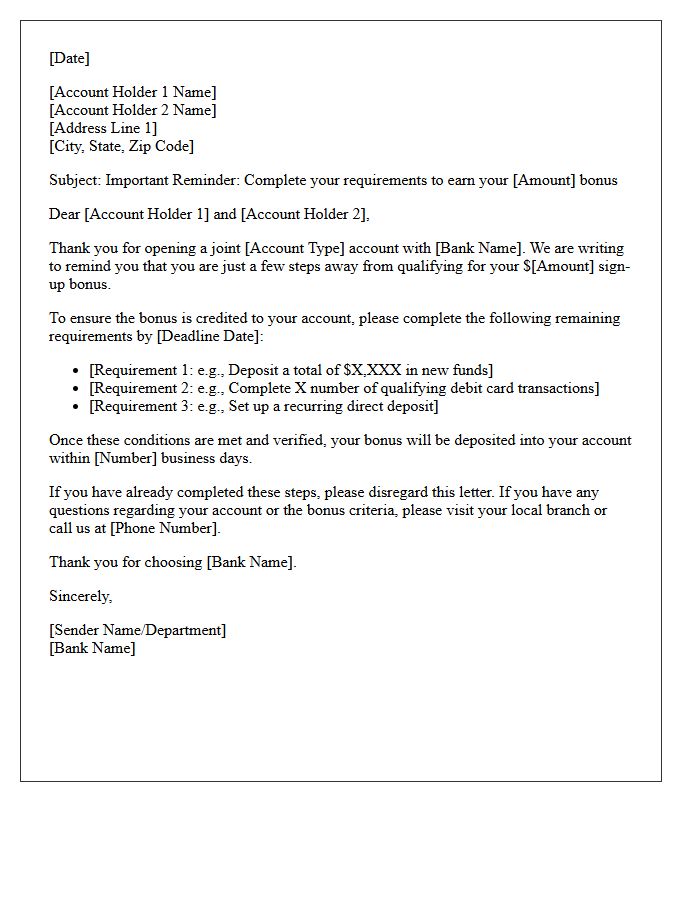 Joint Account Bonus Requirement Reminder Letter