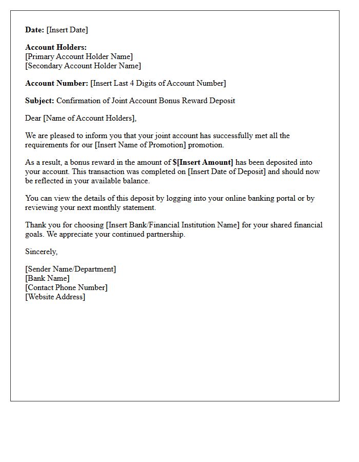 Joint Account Bonus Reward Deposit Confirmation Letter