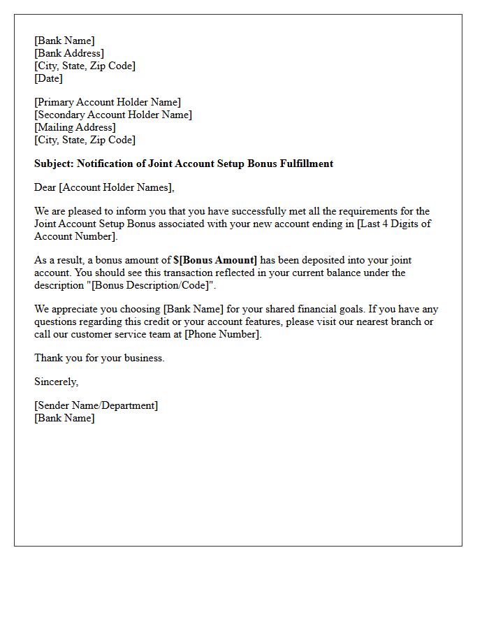 Joint Account Setup Bonus Fulfillment Notification Letter
