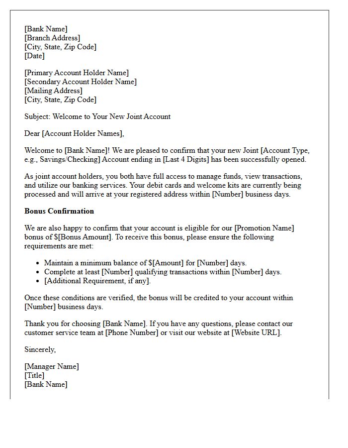 Joint Account Welcome and Bonus Confirmation Letter