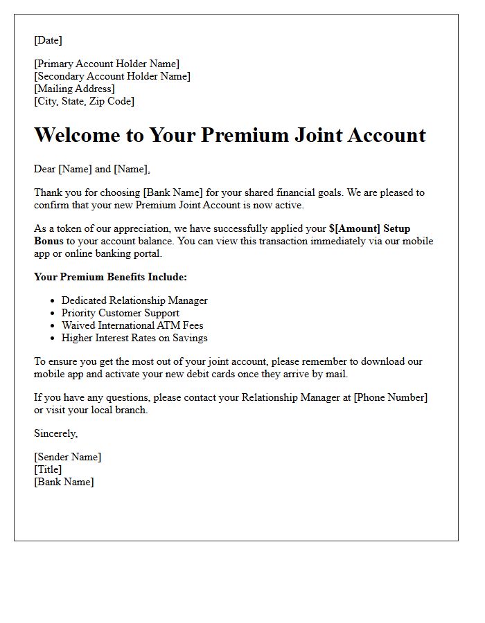 Premium Joint Account Setup Bonus Welcome Letter