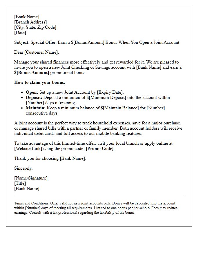 Promotional Joint Account Setup Bonus Offer Letter