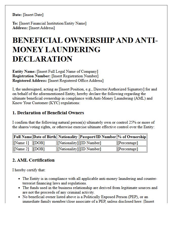 Beneficial Ownership Anti-Money Laundering Declaration Letter