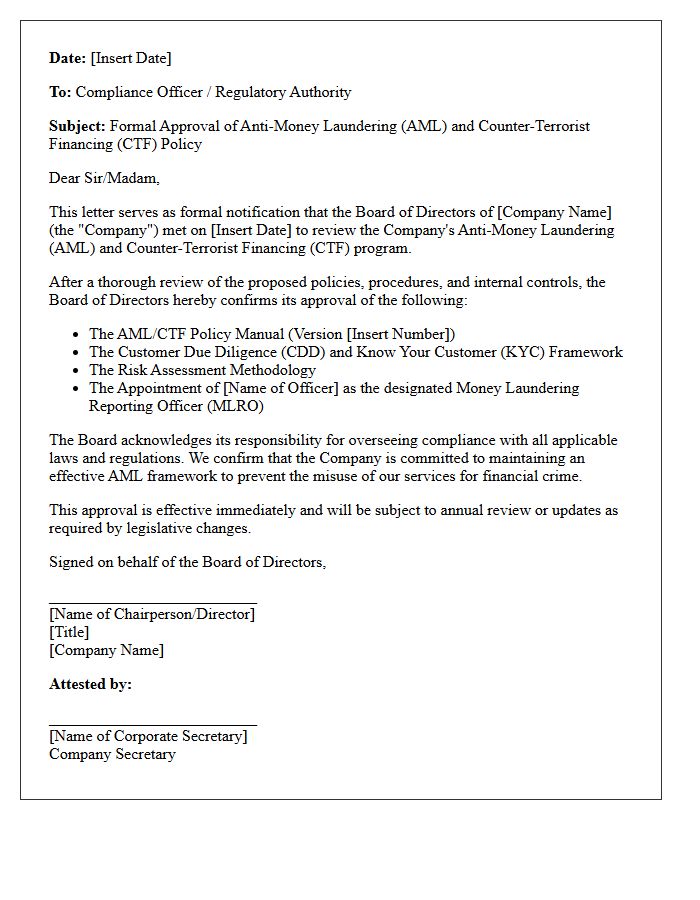 Board of Directors Anti-Money Laundering Approval Letter
