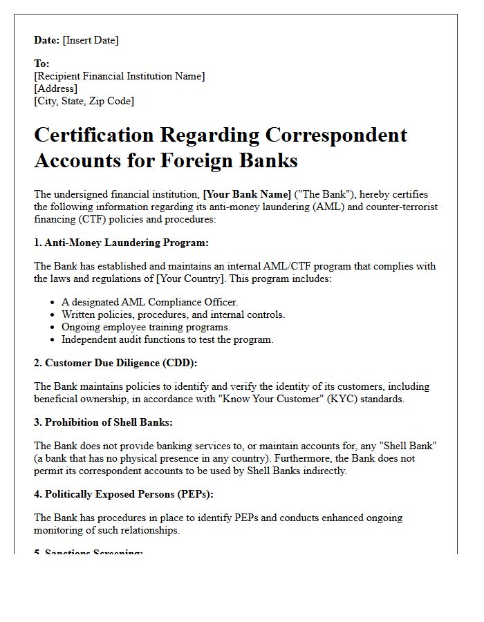 Correspondent Banking Anti-Money Laundering Certification Letter