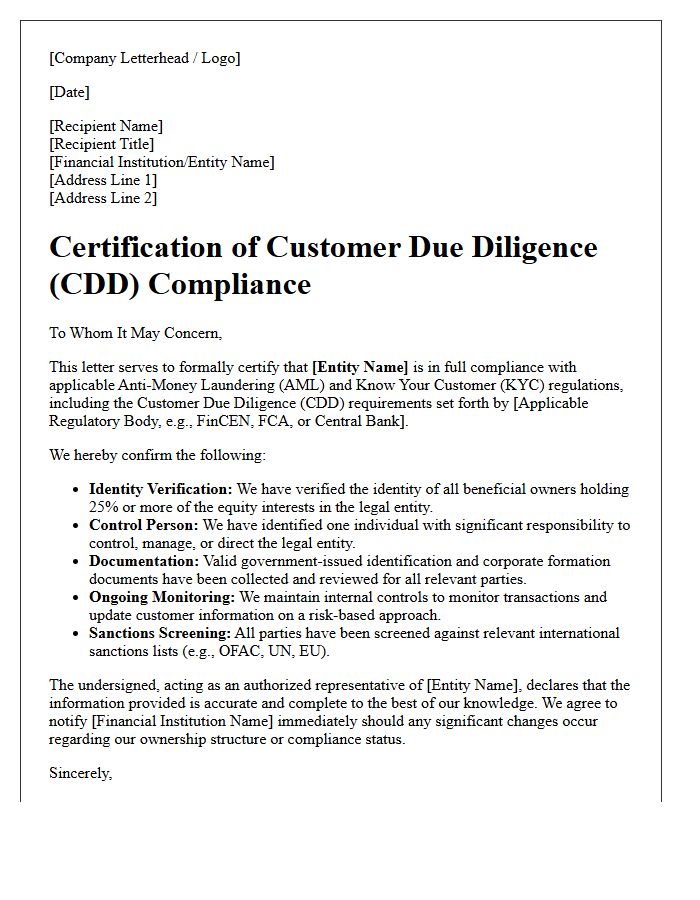 Customer Due Diligence Compliance Certification Letter