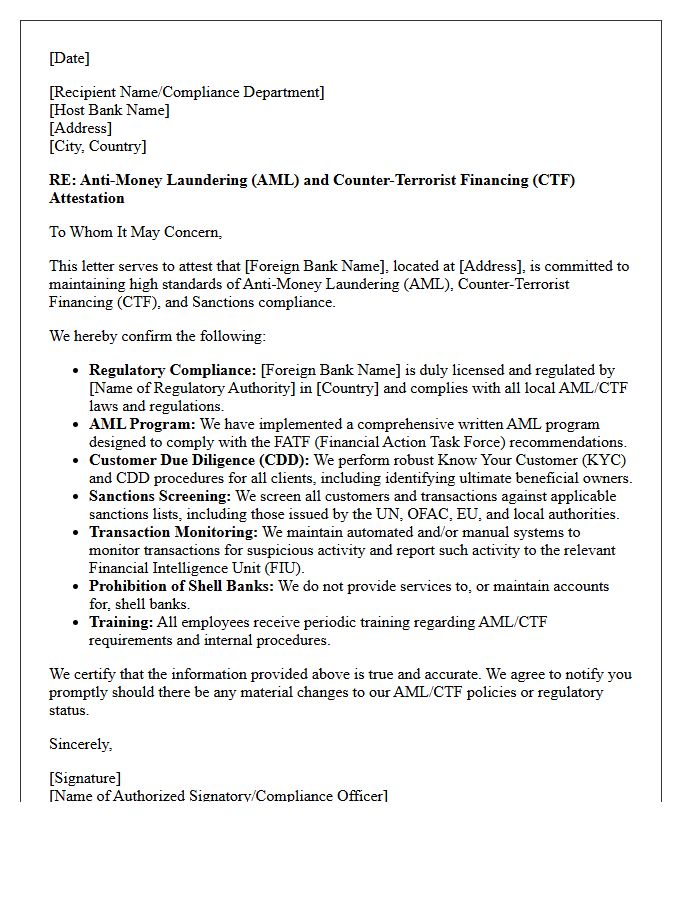 Foreign Bank Anti-Money Laundering Attestation Letter