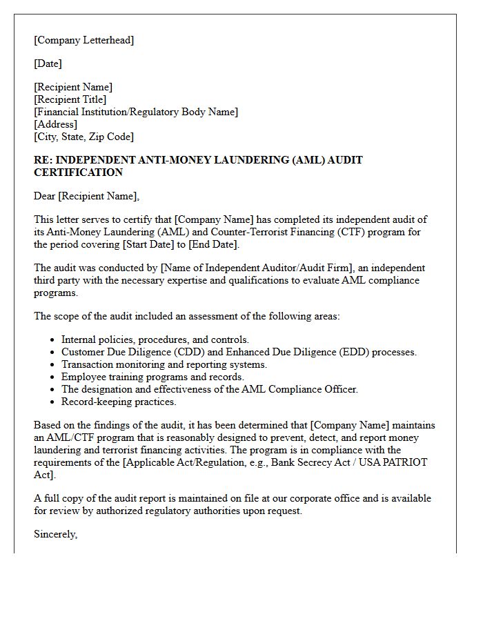 Independent Audit Anti-Money Laundering Certification Letter