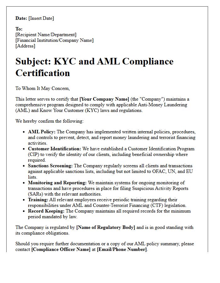 Know Your Customer and Anti-Money Laundering Certification Letter