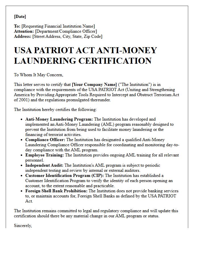Patriot Act Anti-Money Laundering Certification Letter