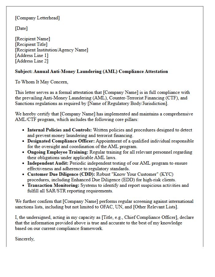 Regulatory Anti-Money Laundering Compliance Attestation Letter